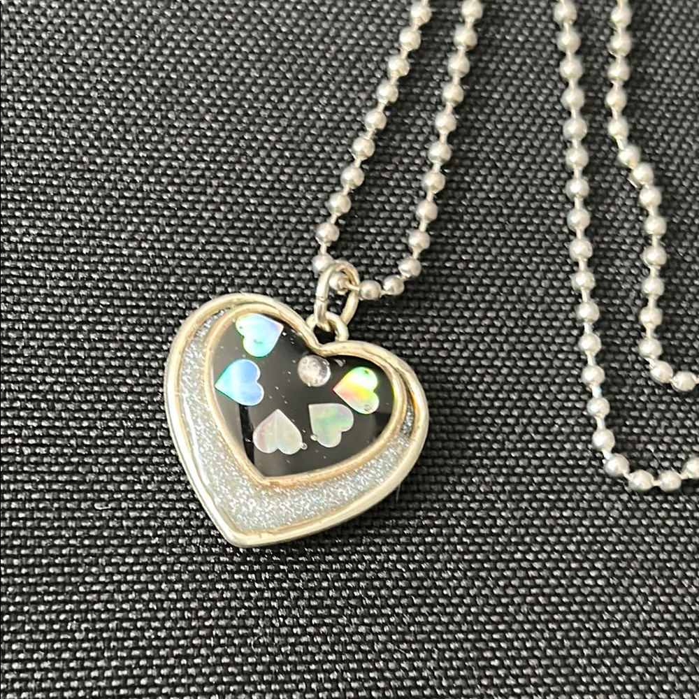 Silver Iridescent Heart Resin Pendant w/Free Necklace Handmade
